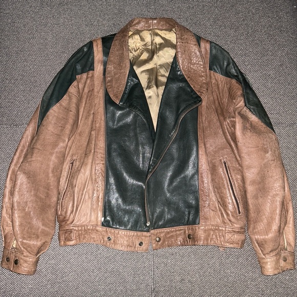 80s Vera PELLE Brown/Black Genuine Leather Bomber Jacket XL